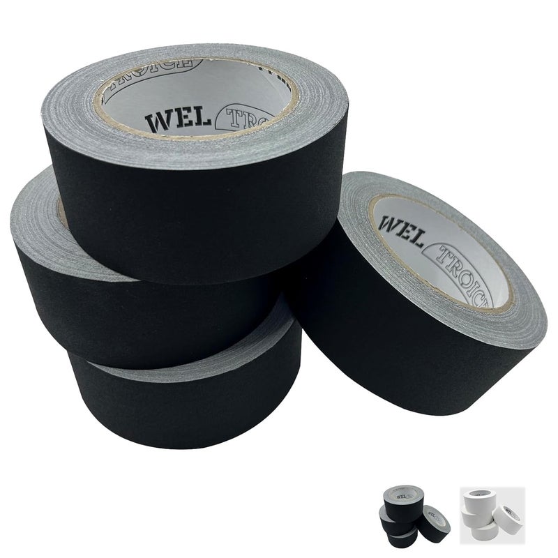 Weltroice شريط غافرز أسود 4 عبوات، شريط غافينغ ثقيل، غير عاكس، متعدد الاستخدامات، يمكن تمزيقه باليد، خالي من البقايا، شريط قماش للكابلات، المسرح، التصوير 2 بوصة × 30 ياردة 4 لفات سوداء - Image 1